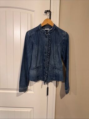New York & Company Dark Blue Ruffle-Front Denim Jacket